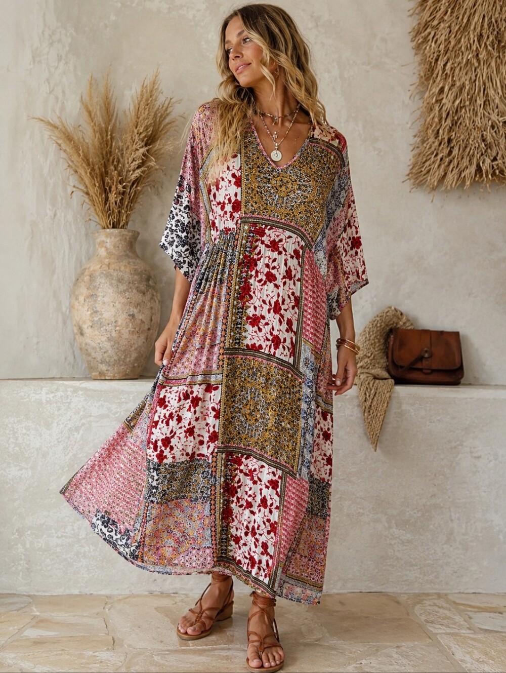 GiGio Patchwork Pattern Maxi Dress Boho Free Flowing Sleeves Size Medium Lounger